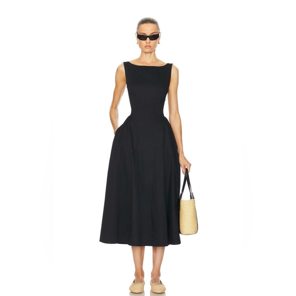 NWOT Helsa Stretch Cotton Sateen Midi Dress in Black Elegant Fit-and-Flare Dress